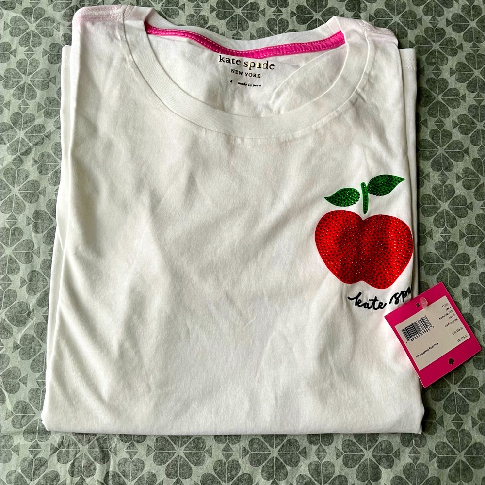 NWT Kate Spade Crystal Apple Tee Cotton T-Shirt for Women, White, Size S